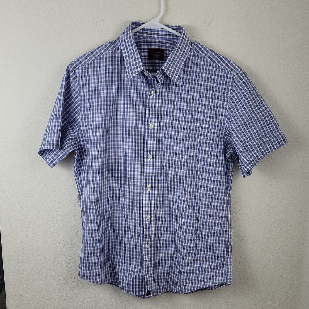 Men's Untuckit Blue Checkered Short Sleeve Button Front Shirt Size Medium Slim